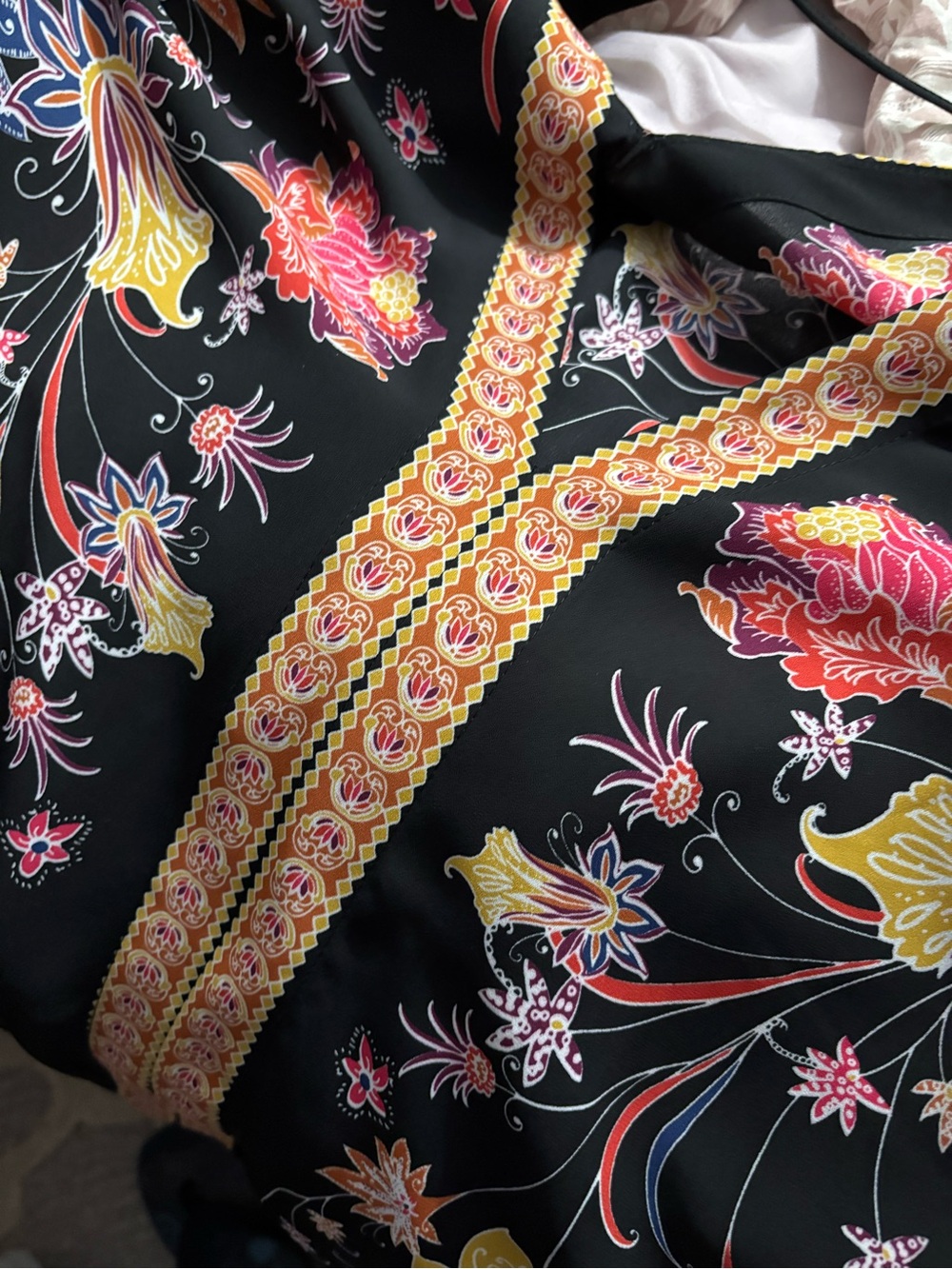 Rose & Olive Black Satin Top with Pink and Yellow Floral Accents